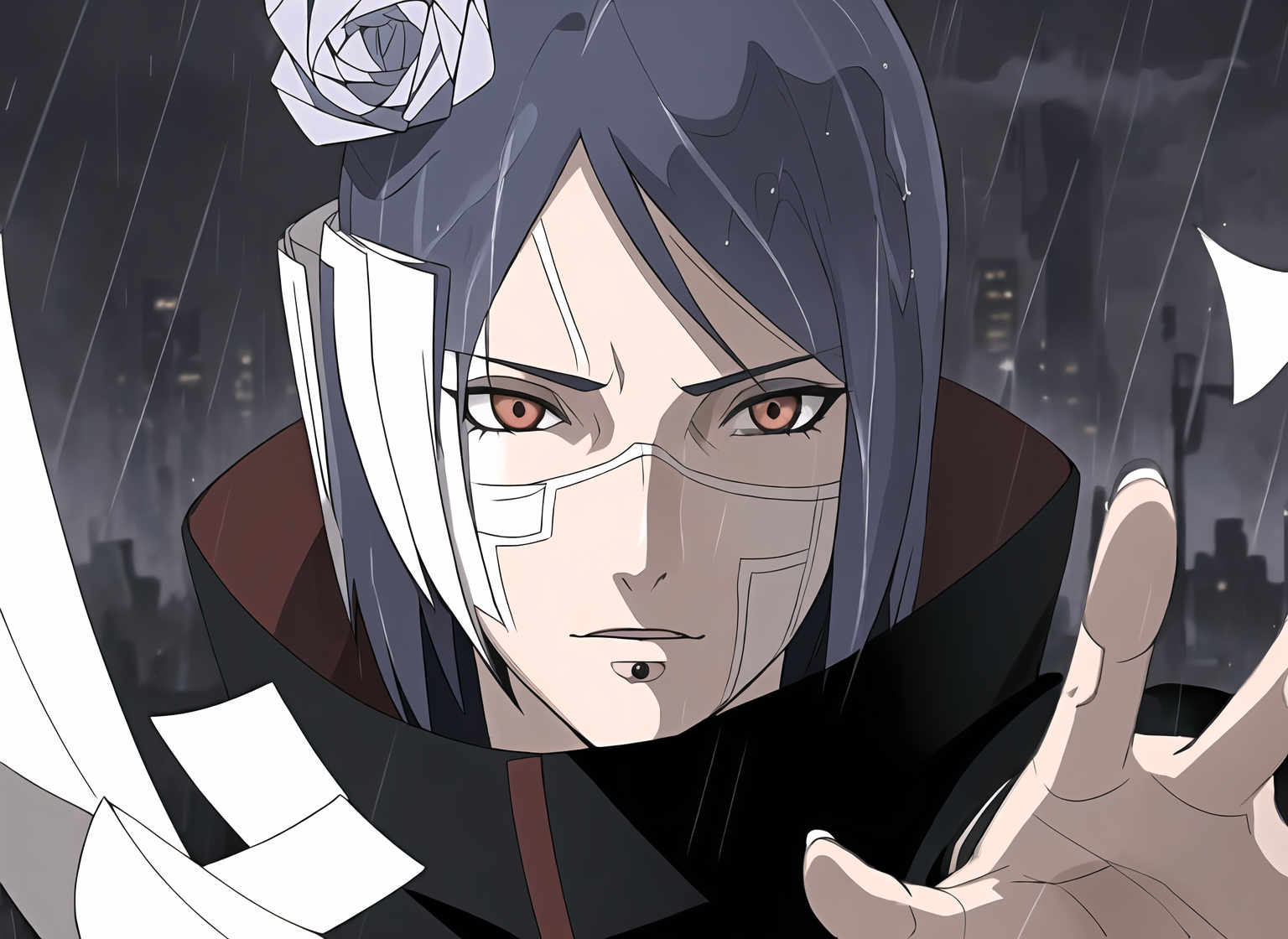 06500-3436423796-((masterpiece)), ((best quality)),konan _(naruto_)1girl, labret piercing, paper, rain, solo,  (paper jutsu), paper, ((akatsuki o.png